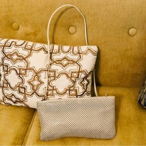 Ivory, beige metal mesh formal handbag, 19” shoulder to bag strap, L-6”W-12”D-1”
